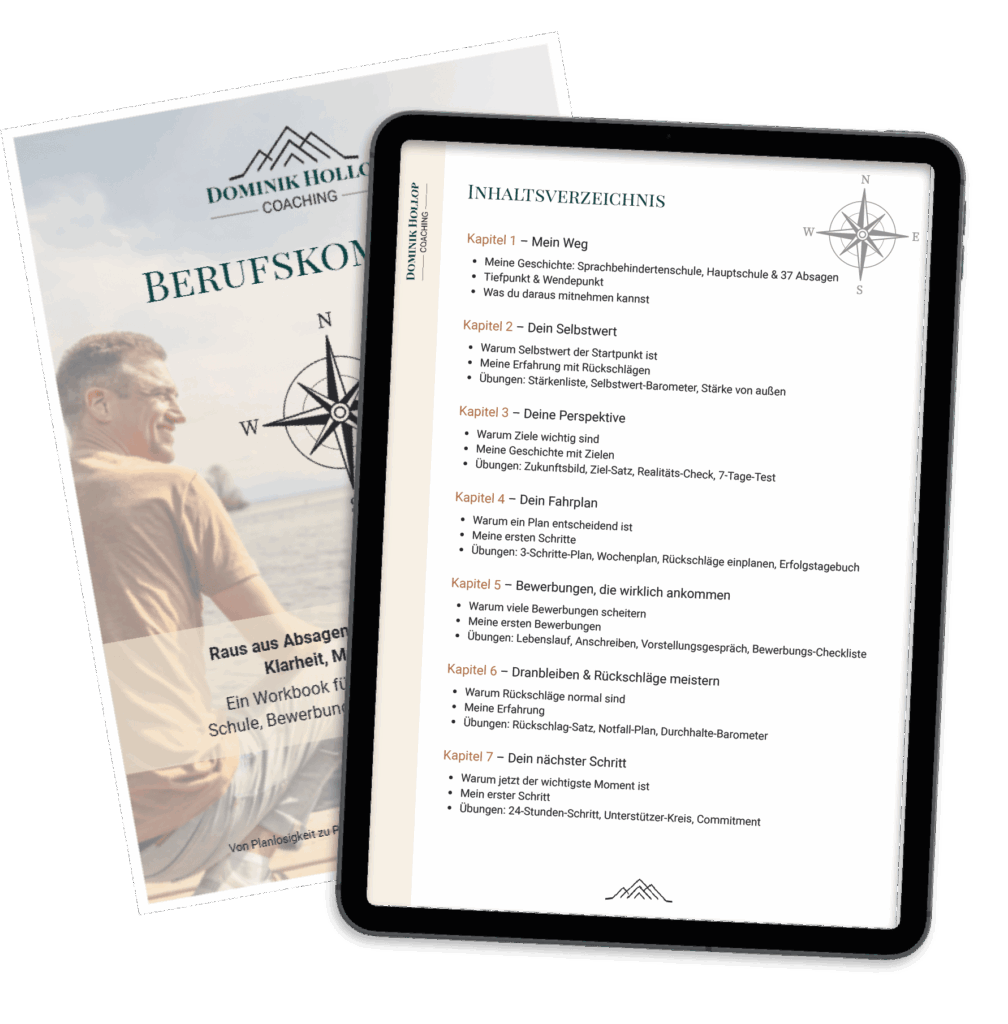 Cover des Berufskompass-Workbooks von Dominik Hollop mit Inhaltsverzeichnis und Tablet-Ansicht.
