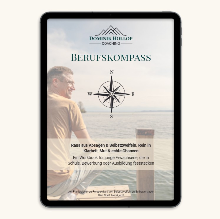 Cover des Berufskompass-Workbooks von Dominik Hollop Cover Bild in Tablet-Ansicht.